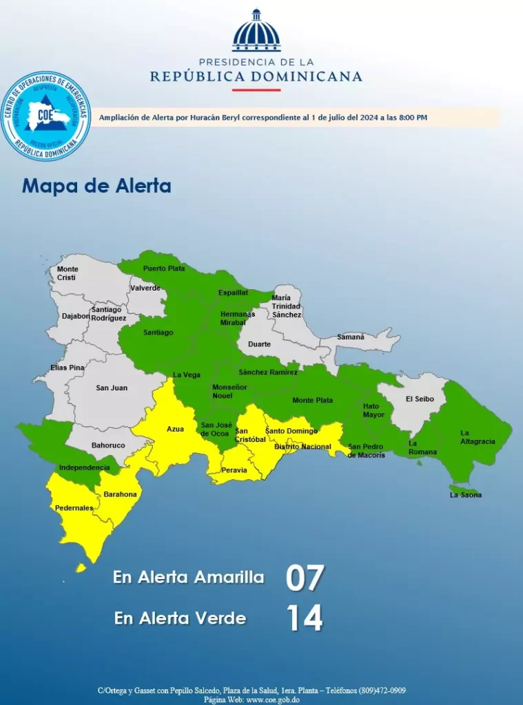 Huracán Beryl se fortalece; COE aumenta a 21 las provincias bajo alerta, eldigital.com.do