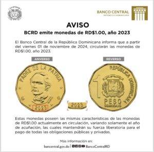 El Banco Central de la República Dominicana emite moneda de RD$1.00, año 2023, eldigital.com.do