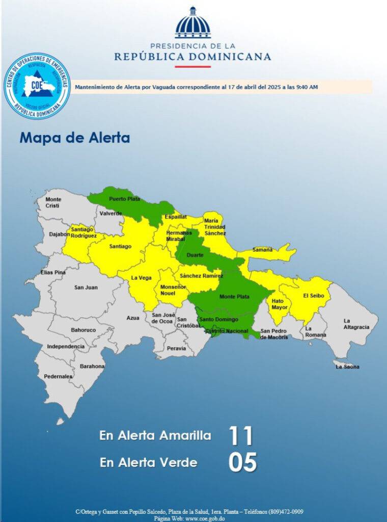 COE mantiene 16 provincias en alerta amarilla y cinco verde por vaguada, eldigital.com.do