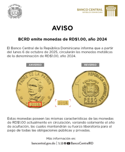 Banco Central emite monedas de RD$1.00, año 2024, eldigitaal.com.do