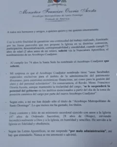 Monseñor Ozoria revela: "el Vaticano me suspendió por 'mala administración'", eldigital.com.do
